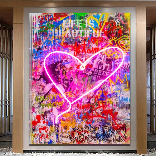 Neon Light Heart and Printable Canvas Bright Wall Art Extra Large