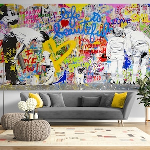 Never give up Bright Extra Large Graffiti Mural Style Wall Art Urban Canvas Painting Original Graffiti Decor  for Living room