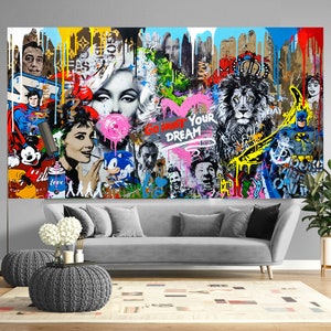 Go hunt your dream Bright Extra Large Graffiti Mural Style Wall Art Urban Canvas Painting Original Graffiti Decor for Living room