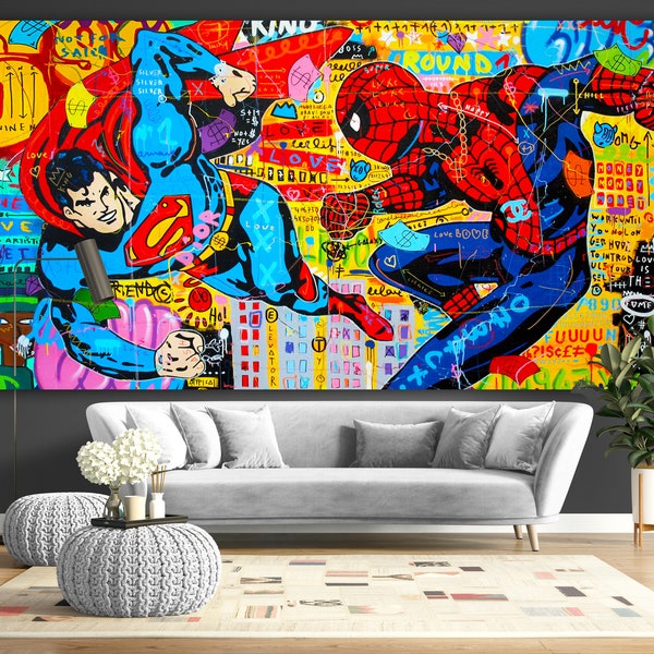 Super-héros, grand graffiti, style mural, art mural urbain, peinture sur toile, art mural original, décoration de chambre d'enfants