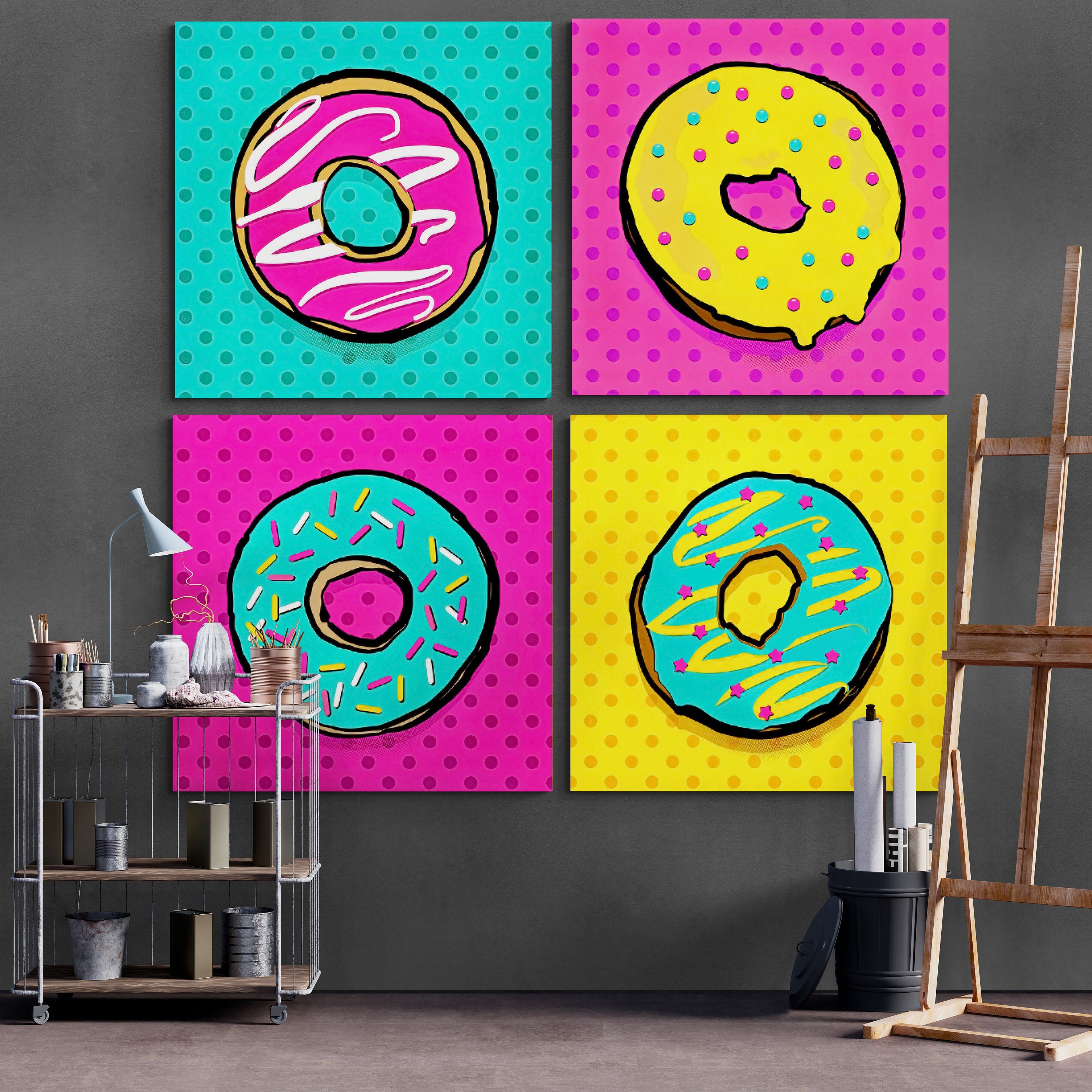 Donut Print SET OF 4 Bright Canvas Print Pop Art Wall Decor Modern