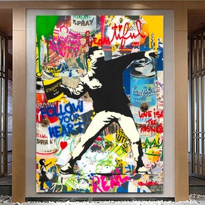 Banksy Thrower Pintura em tela Brilhante Impressão de arte de parede Extra grande Graffiti Pop Estilo Arte Graffiti original Decoração de parede urbana Melhor amigo Presente