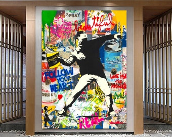Banksy Thrower Leinwandgemälde, leuchtender Wand-Kunstdruck, extra großer Graffiti-Pop-Stil, Original-Graffiti-Urban-Wanddekoration, beste Freundin, Geschenk
