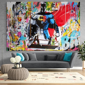 Superbohater Jasna ulica Pop Art Wydruk na płótnie Dekoracja ścienna Nowoczesna motywacja Bardzo duże Graffiti Miejskie Gotowe do powieszenia Obraz Najlepszy prezent dla przyjaciela