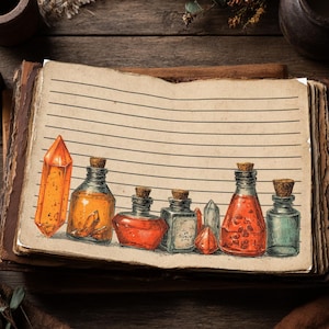 May include: An open book with lined pages featuring illustrations of potion bottles and crystals. The bottles are filled with various colored liquids and sealed with corks. An orange crystal is on the left side of the page.