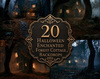 Halloween Digital Backdrops, Spooky Enchanted Forest Cottage, Moonlit Witchy Woods Backgrounds, Dark Fairy Tale Photography Backdrop