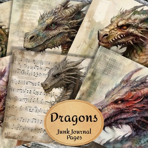 Dragon Junk Journal Pages, Dragon Junk Journal, 12 Dragons Printable Pages, Digital Download, Vintage, Magic Ephemera