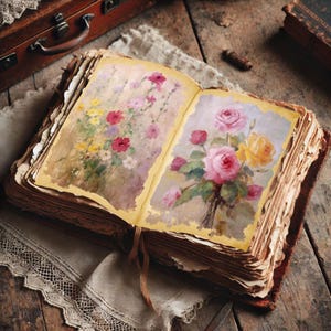 Op de afbeelding: Een open antiek boek met verouderde, vergeelde pagina's. De pagina's tonen bloemenschilderijen van roze, rode en gele rozen en wilde bloemen. Het boek is gebonden in bruin leer en rust op een textiel van neutrale kleur.