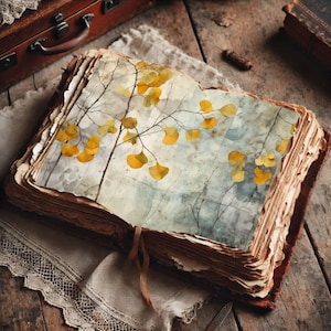 May include: An open antique book with aged, textured pages. The book's pages display a watercolor painting of yellow ginkgo leaves on branches against a muted blue and gray background. A brown ribbon bookmark is visible.
