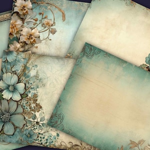 18 Plain Floral Journal Pages, Blue Junk Journal Basic Papers, Printable Vintage Ephemera & Floral Junk Journal, Vintage Floral Ephemera