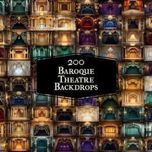 以下が含まれることがあります： 200枚の華やかなバロック様式の劇場の背景のデジタル画像のコラージュ。背景は、金、赤、青、緑、紫など、さまざまな色を使用しています。背景は、カーテン、ドレープ、シャンデリアなどの複雑なディテールで飾られています。
