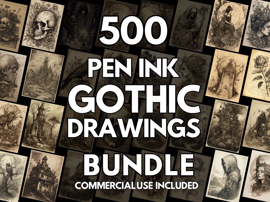 500 Pen Ink Gothic Drawing Single Pages - Printable Junk Journal Pages ...