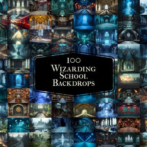 May include: A collage of 100 digital backdrops featuring various scenes from a wizarding school. The backdrops are a mix of indoor and outdoor settings, including hallways, classrooms, courtyards, and gardens. The backdrops are designed to be used for photography, video, and other creative projects.