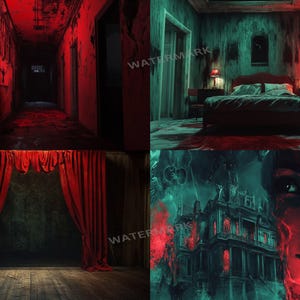 a collage of photos of a woman's face in a dark room
