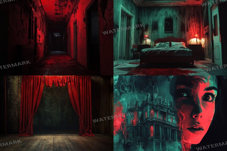 a collage of photos of a woman's face in a dark room