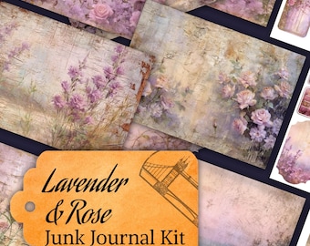 Lavender & Rose Junk Journal Kit, Vintage Lavender Journal Pages, Lavender Printable Ephemera, Floral Vintage Printable Journal