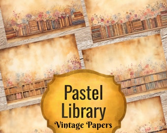 May include: Five digital paper backgrounds featuring a vintage library bookshelf with pastel colored books and flowers. The text "Pastel Library Vintage Papers" is in the center of the image.