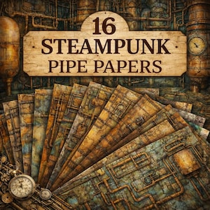 May include: A collection of 16 steampunk pipe papers with a weathered, industrial aesthetic. The papers feature a detailed design of pipes and machinery in shades of brown, gold, and blue. A wooden sign displays the title.