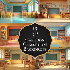 Cartoon Classroom Digital Backdrop, Bright School Background for Kids Photography, 3D Rendered Scene, Teacher Resource, Virtual Studio