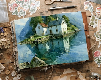 Norwegian Fjord Watercolor Landscape Junk Journal Printable Paper