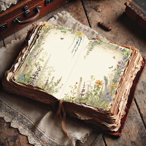 Peut inclure: Un livre ancien ouvert, aux pages vieillies et texturées. Les pages sont décorées d'illustrations à l'aquarelle de fleurs sauvages dans les tons de jaune, de violet et de vert. Un signet en cuir est visible. Le livre repose sur un tissu en lin.