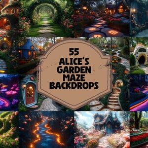 Könnte beinhalten: Eine Sammlung von 55 digitalen Hintergründen mit fantasievollen Gartenlabyrinthen mit farbenfrohen Wegen, üppigem Grün und charmanten Häusern. Die Hintergründe sind perfekt, um fantasievolle Szenen zu erstellen und Ihren Projekten einen Hauch von Fantasie zu verleihen.