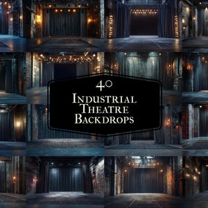 Peut inclure: 40 décors de théâtre industriels avec une variété de décors de scène avec différents éclairages et textures. Les décors sont tous sombres et mystérieux, avec une esthétique grunge.