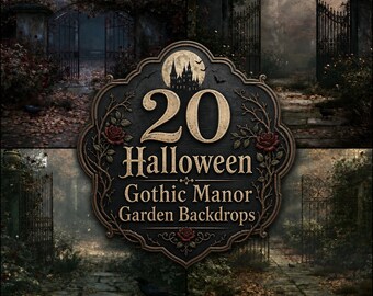 Gothic Manor Garden Digital Backdrops, Halloween Mystery Gate Photography Background, Moody Mystic Rose Garden Portrait Backgrounds