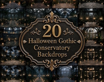 Gothic Conservatory Digital Backdrops, Dark Halloween Greenhouse Photography Backgrounds, Moody Victorian Glasshouse Portrait Backdrops