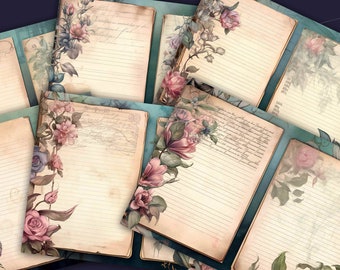 Floral Blank Lined Journal Pages - Flower Junk Journal Pages - Digital Download - Lined Flower Pages, Ephemera Junk Journal Scrap Booking