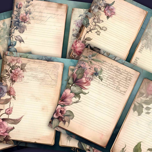 Floral Blank Lined Journal Pages - Flower Junk Journal Pages - Digital Download - Lined Flower Pages, Ephemera Junk Journal Scrap Booking