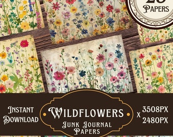 May include: A digital download of 25 printable papers featuring a vintage style floral pattern with wildflowers in shades of pink, blue, yellow, and green. The papers are 3508 pixels by 2480 pixels and are labeled "Wildflowers Junk Journal Papers".