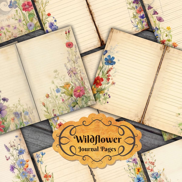 Wildflower Blank Lined Journal Pages - Flower Junk Journal Pages - Digital Download - Lined Flower Pages Ephemera Junk Journal Scrap Booking