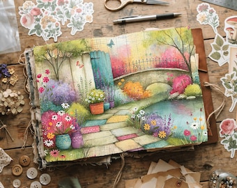 Romantic Garden Scene Printable Digital Paper for Junk Journaling