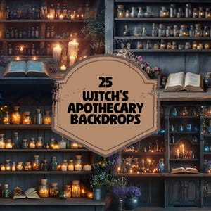Puede incluir: Una colección de 25 fondos digitales que representan una botica de bruja con estantes llenos de botellas de vidrio, velas y otros objetos mágicos. Los fondos son perfectos para crear una atmósfera mística y encantadora para tus fotos.