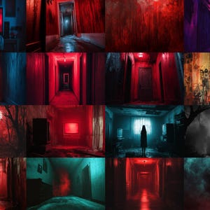 a collage of images with a person standing in a doorway