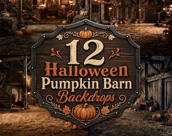 Halloween Pumpkin Barn Digital Backdrops, Rustic Fall Photography Backgrounds, Cozy Autumn Barn with Lanterns and Hay Bales