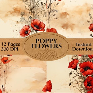 Páginas de diário de lixo de flores de papoula - 12 páginas de diário de lixo de papoulas com impressão dupla - Poppy Ephemera para scrapbooking de diário de lixo