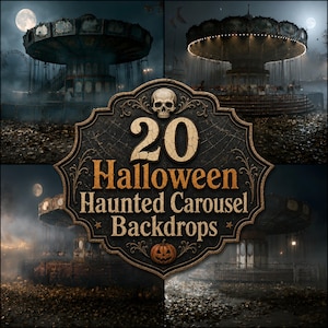 Puede incluir: Un letrero decorativo con una calavera en la parte superior y una calabaza en la parte inferior, con el texto 20 Halloween Haunted Carousel Backdrops. El fondo muestra cuatro escenas distintas de un carrusel oscuro y desgastado bajo la luna llena.
