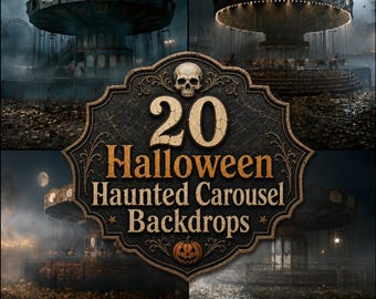 Haunted Carousel Digital Backdrops, Spooky Halloween Carnival Photography Backgrounds, Foggy Abandoned Fairground Swing Ride Scenes