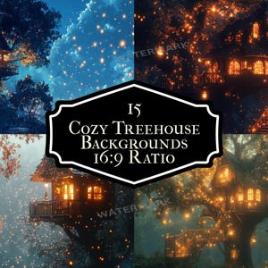 Carta da parati TV Cozy Treehouse, formato 16:9. Calda casa sull'albero con lanterne luminose in alto tra gli alberi autunnali, sfondo fotografico