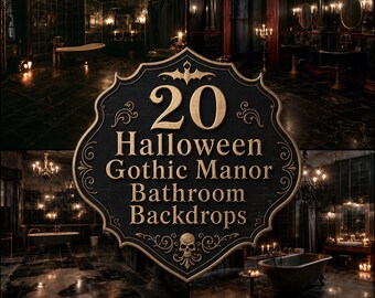 Gothic Bathroom Digital Backdrops, Halloween Manor Photography Backgrounds, Dark Victorian Bath, Spooky Candlelit Scene, Haunted Mansion
