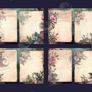 May include: Six vintage-style journal pages with lined paper and floral borders. The pages are decorated with watercolor-style flowers and leaves in shades of pink, blue, and green. The pages are perfect for journaling, scrapbooking, or other creative projects.