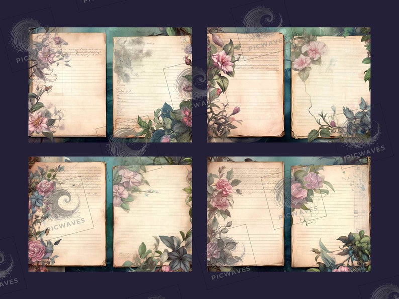 May include: Six vintage-style journal pages with lined paper and floral borders. The pages are decorated with watercolor-style flowers and leaves in shades of pink, blue, and green. The pages are perfect for journaling, scrapbooking, or other creative projects.