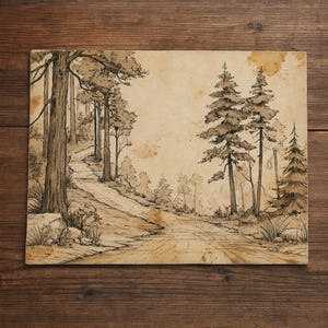 May include: A rectangular print on aged, sepia-toned paper featuring a detailed ink illustration of a winding dirt path leading through a dense forest. The scene depicts tall pine trees, scattered rocks, and grassy patches with a vintage aesthetic.