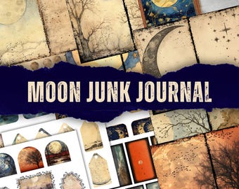 May include: A collection of vintage-style paper ephemera featuring moons, stars, and trees. The papers are perfect for scrapbooking, junk journaling, or crafting. The papers are printed on a white background with a distressed, vintage look.
