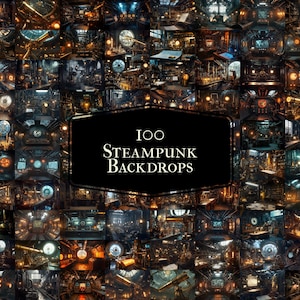 Puede incluir: Un collage de 100 fondos digitales con temática steampunk. Los fondos presentan detalles intrincados, como engranajes, tuberías y luces, creando una estética futurista e industrial.