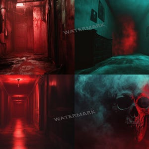 a creepy hallway with a skull on the floor
