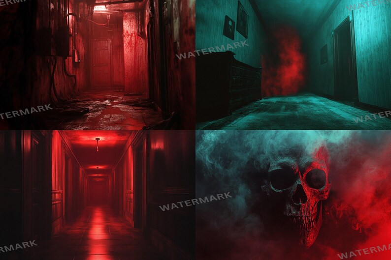 a creepy hallway with a skull on the floor