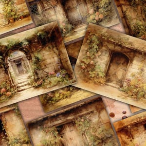 Country Cottage Doors Journal Pages - 12 Country Cottage Garden Junk Journal Pages - Leafy Green Garden Ephemera Junk Journal Scrap Booking